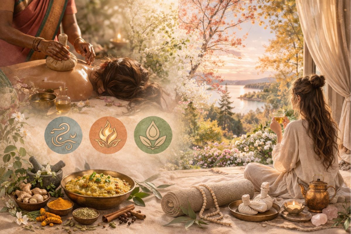 Ayurveda-artikkelin kuvakollaasi, jossa näkyvillä Auyrvedan tunnusomaisia piirteitä kuten öljyhoito, yrttinyytit, mausteet, kitchari-ruoka, doshat, vuodenajan rytmitys sekä seesteisen rauhallinen tasapaino.