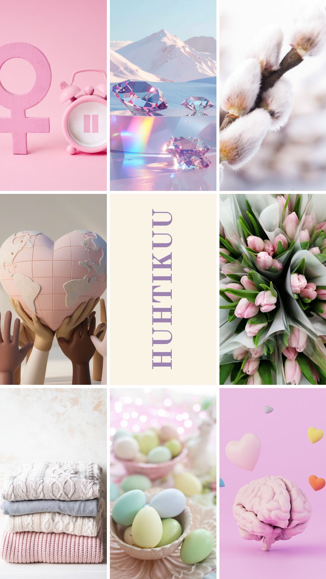 Huhtikuun pääkirjoitus SuVia STORIES - keväinen pastellisävyinen kuvakollaasi, jossa teemoina hormonitasapaino, hyvinvointi, mielenterveys, Earth Day, pääsiäinen ja kevään uudistuminen.