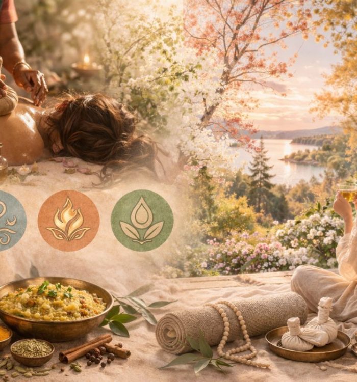 Ayurveda-artikkelin kuvakollaasi, jossa näkyvillä Auyrvedan tunnusomaisia piirteitä kuten öljyhoito, yrttinyytit, mausteet, kitchari-ruoka, doshat, vuodenajan rytmitys sekä seesteisen rauhallinen tasapaino.